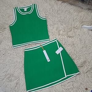 House of Harlow Green Bee Cloud Dancer Tennis Skirt Knit Top 2 piece Set L